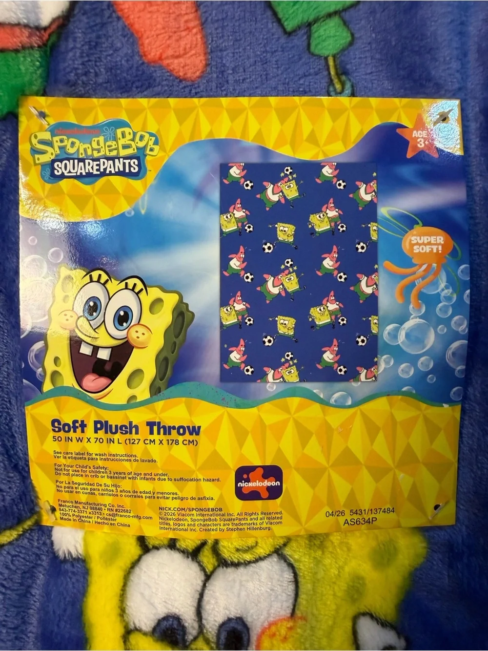 SpongeBob SquarePants Blue Plush Throw Blanket with Yellow & Red Characters
